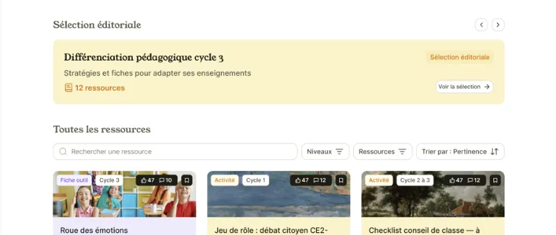 Aperçu de la page Je m’inspire avec une sélection de ressources pédagogiques